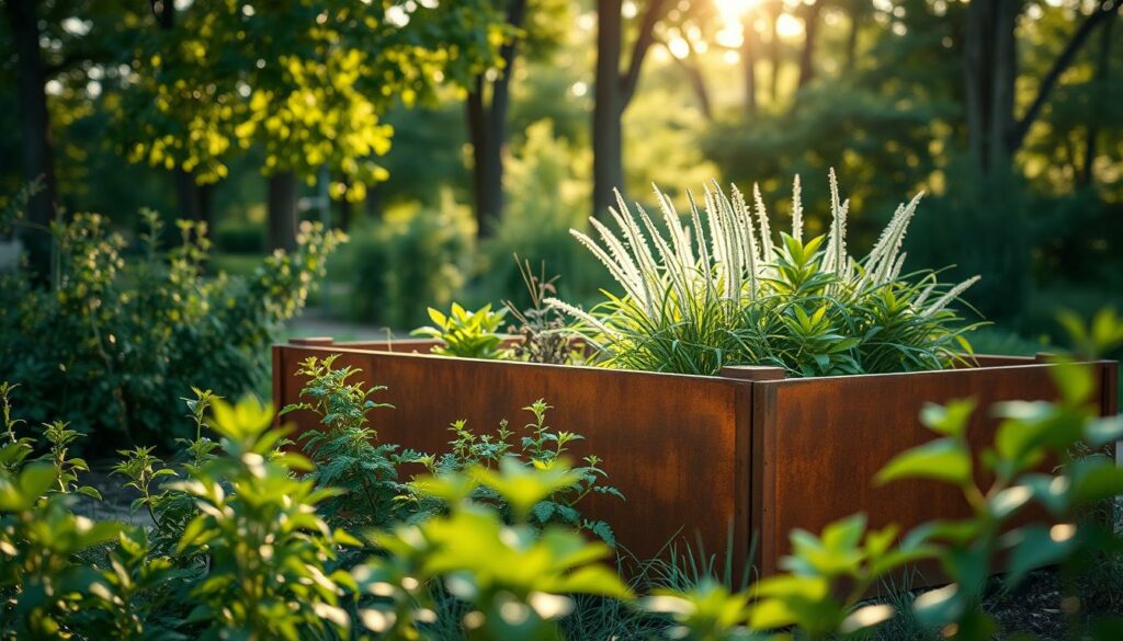 Cortenstahl Garten mit rostigem Hochbeet