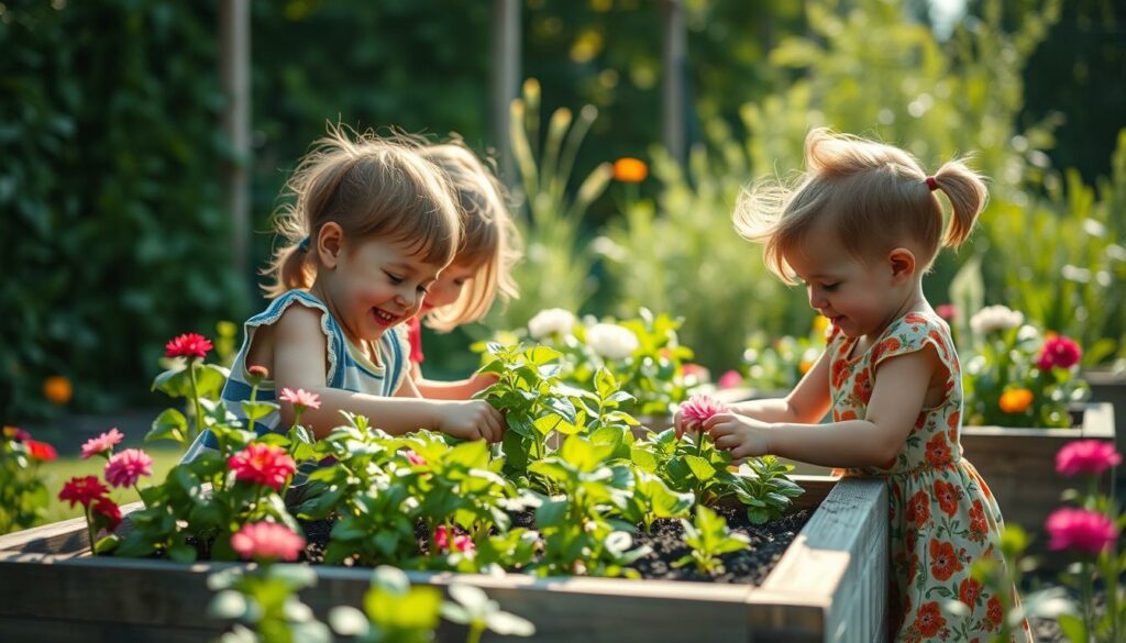 Kinder Gartenarbeit am Hochbeet