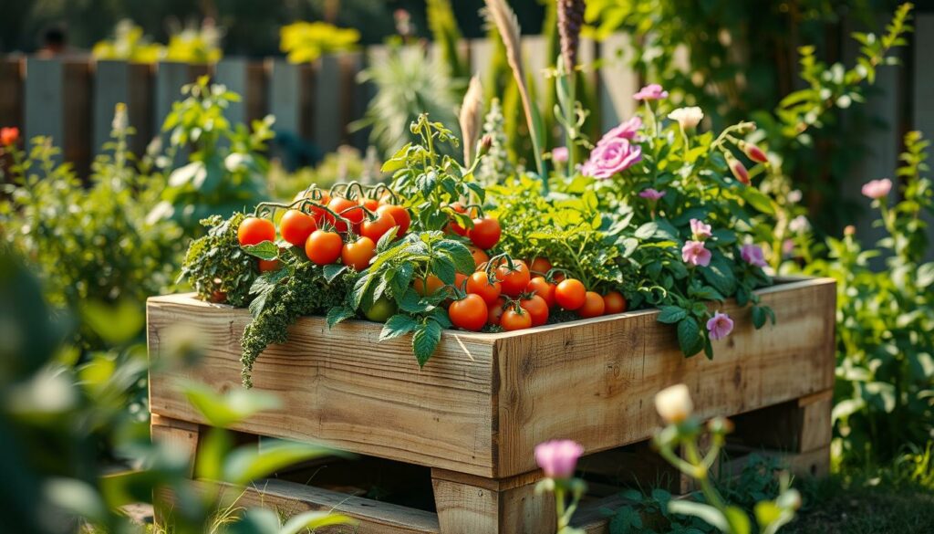 Pflanzen im Hochbeet aus Paletten